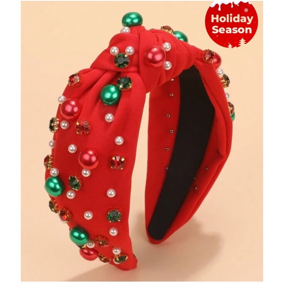 Rhinestone Faux Pearl Red Holiday Headband main image 9